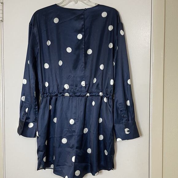 NEW! English Factory Dot Printed Satin Long Sleeve Romper Navy Medium - Picture 10 of 11